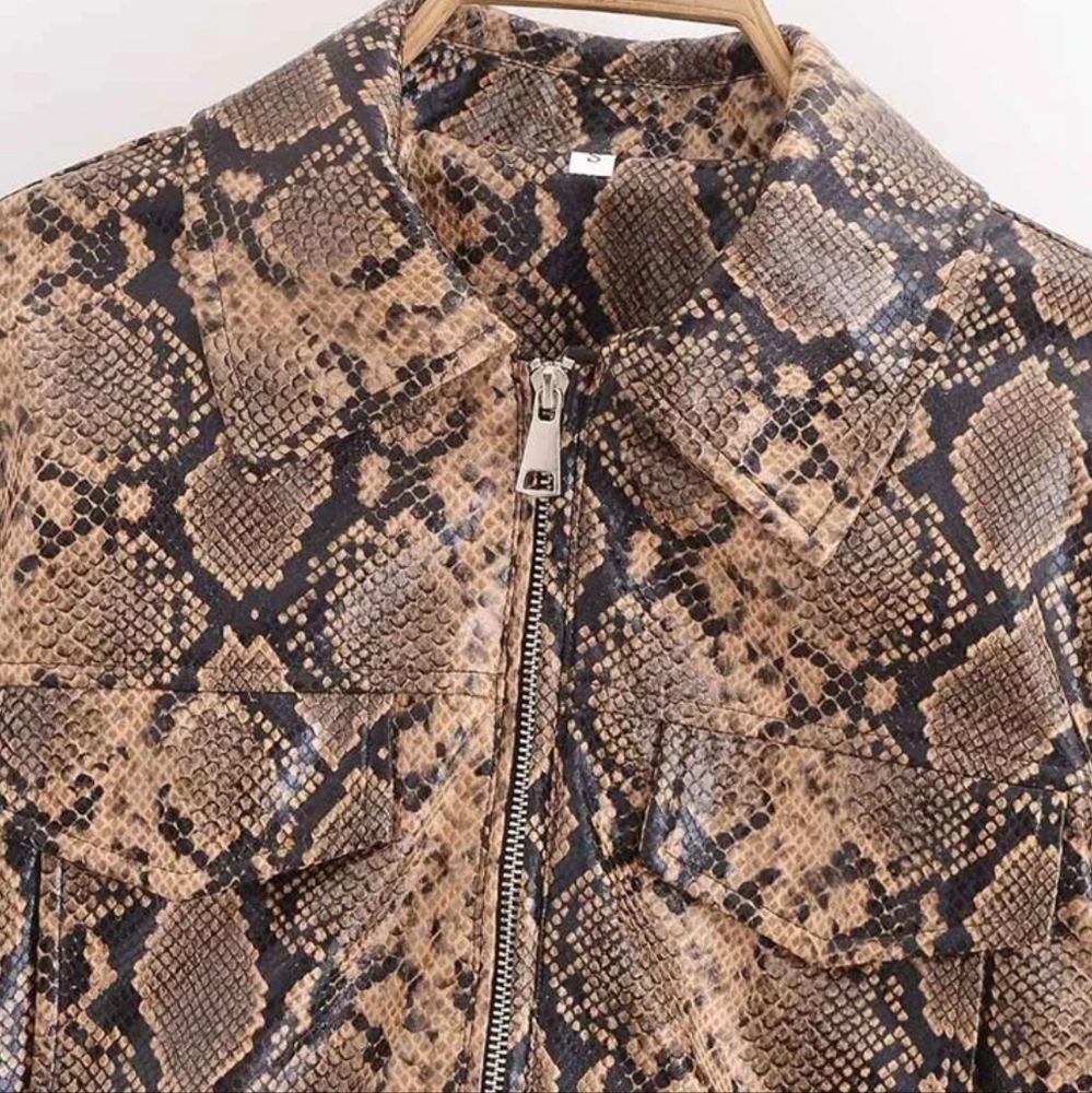 Fashion Snake Printed Short Jacket Women Lapel Zipper Long Sleeve - Picture 3 of 15